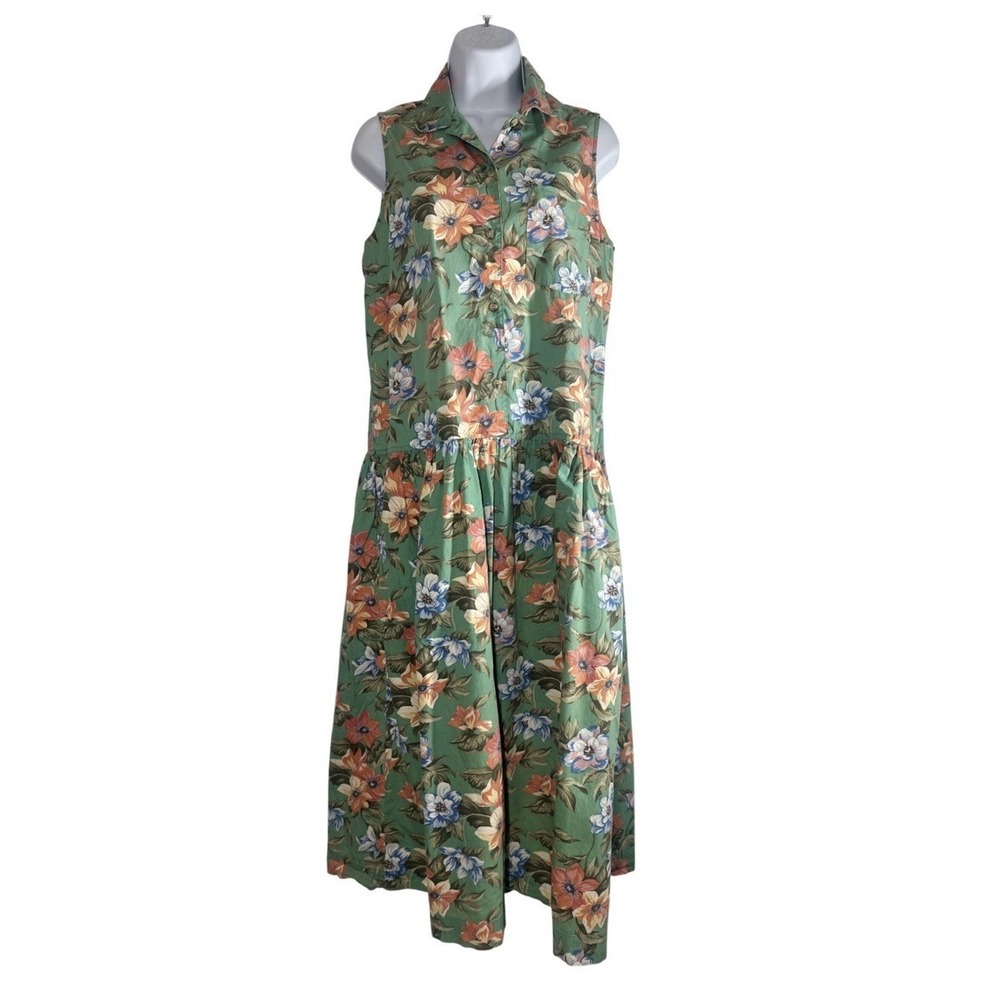 VTG 90s Gap Floral Dress Sage Green Midi Button Front Sleeveless Dress Sz: M
